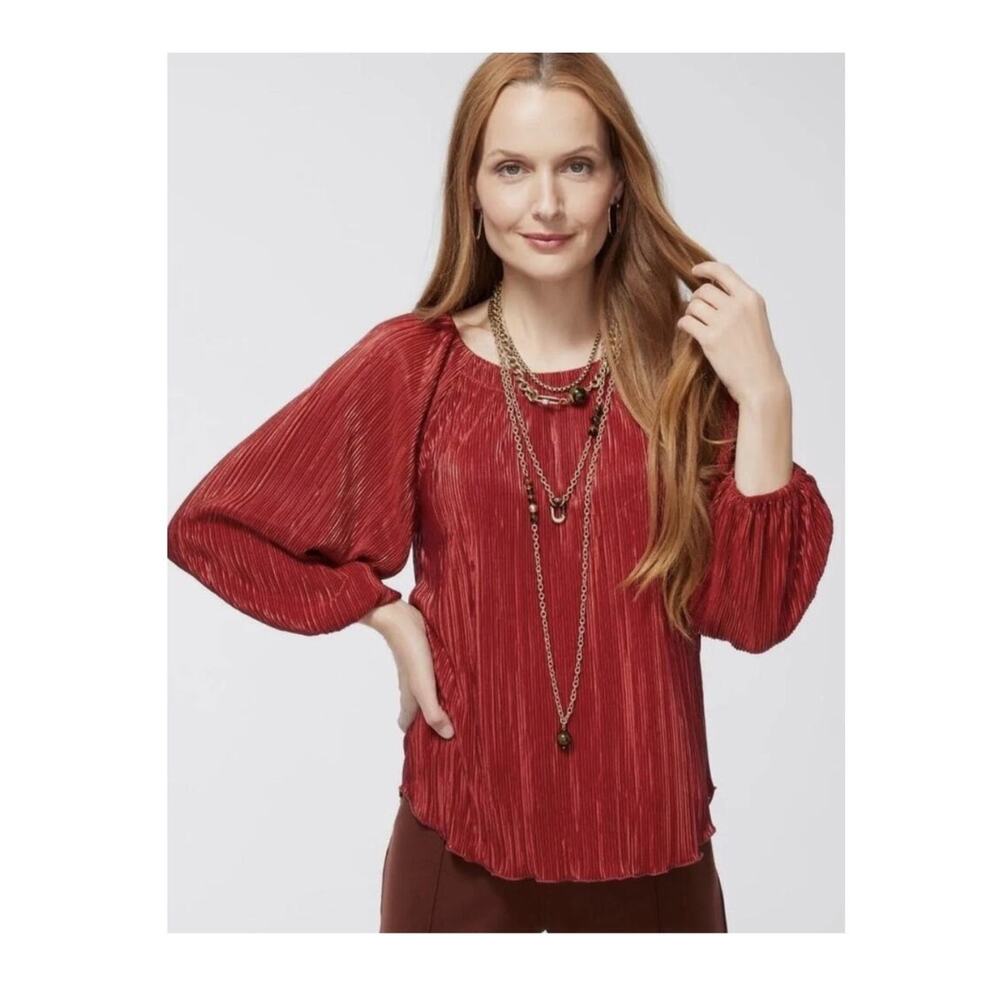 Chico’s | Metallic Crinkle Blouse Top Balloon Sleeves Rust Red XXL